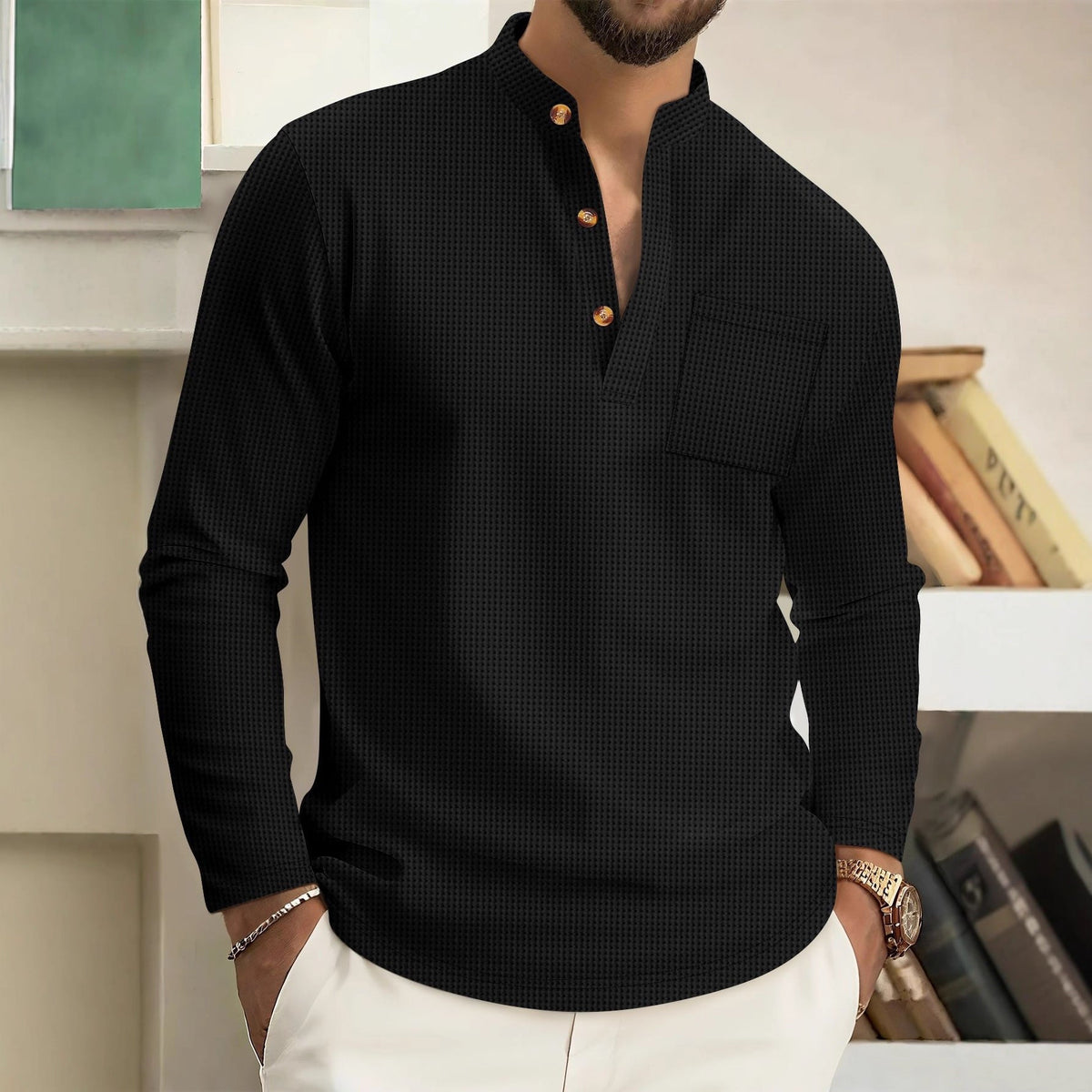Andrew | Stylish Waffle Knit Henley Shirt - Valereo