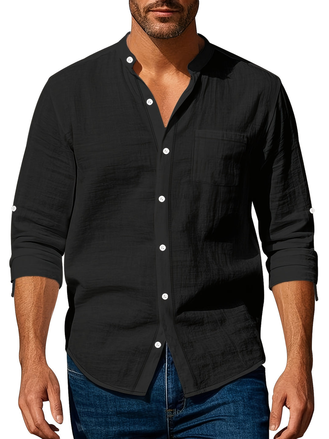 Andrew | Breathable Linen Band-Collar Shirt - Valereo