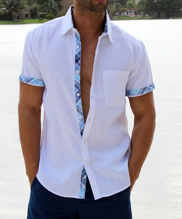 Austin | Breathable Linen Plaid-Trim Shirt - Valereo