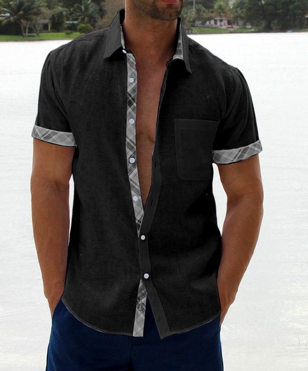 Austin | Breathable Linen Plaid-Trim Shirt - Valereo