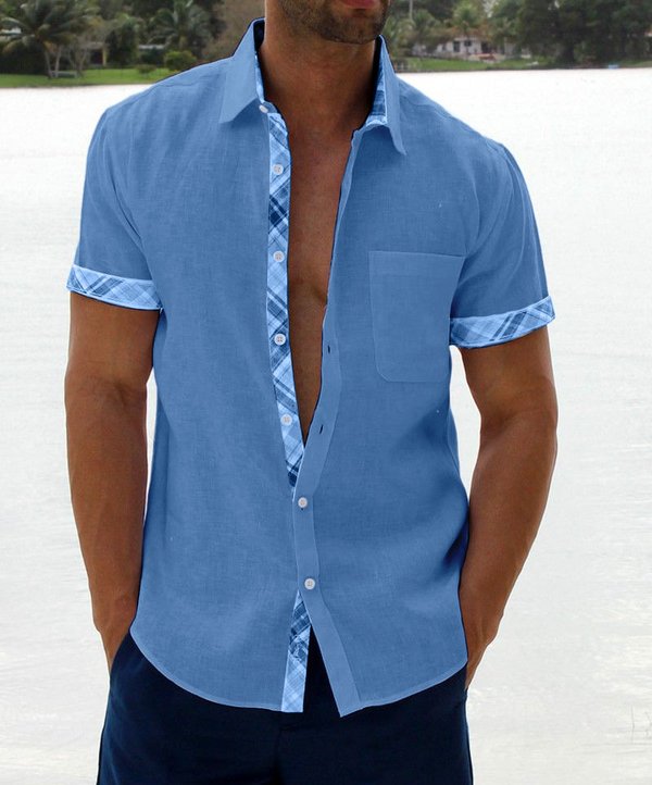Austin | Breathable Linen Plaid-Trim Shirt - Valereo