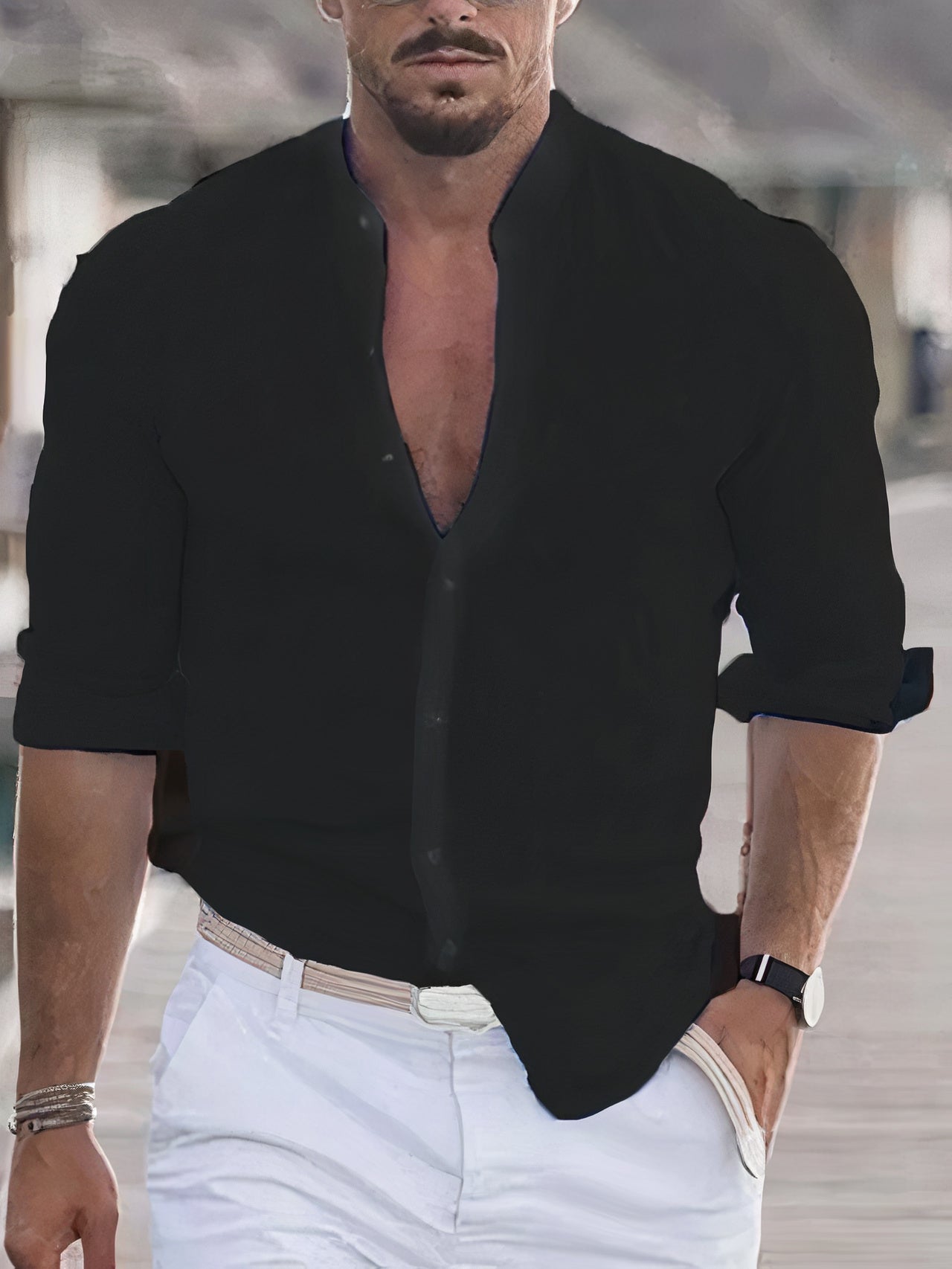 Ethan | Refined Linen Band-Collar Shirt - Valereo