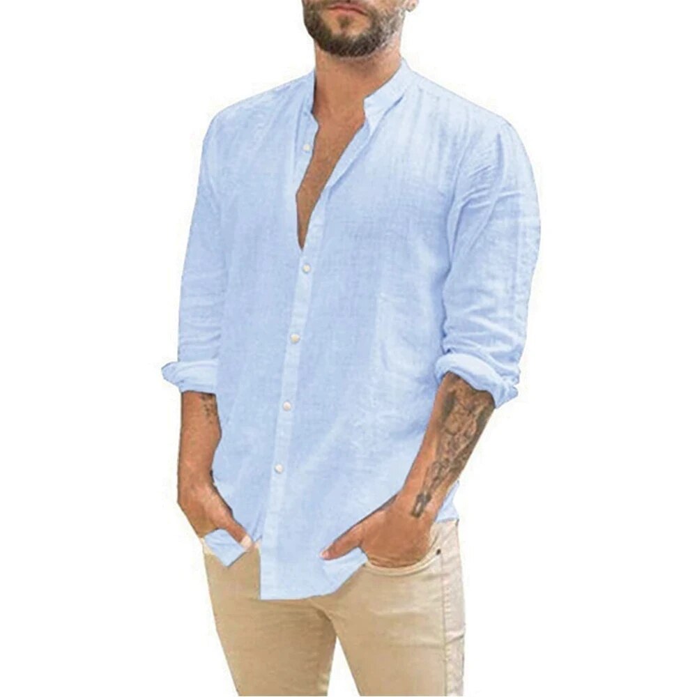 James | Relaxed Linen Band-Collar Shirt - Valereo