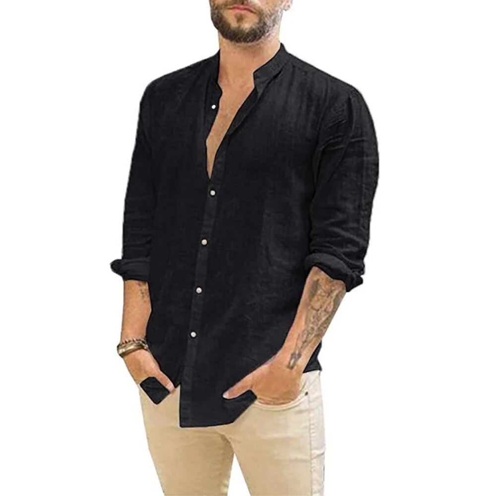 James | Relaxed Linen Band-Collar Shirt - Valereo