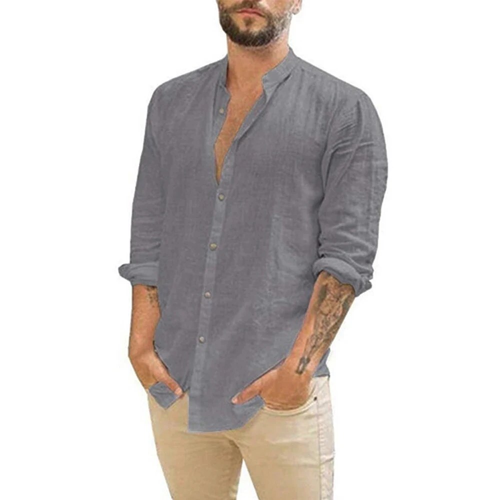 James | Relaxed Linen Band-Collar Shirt - Valereo