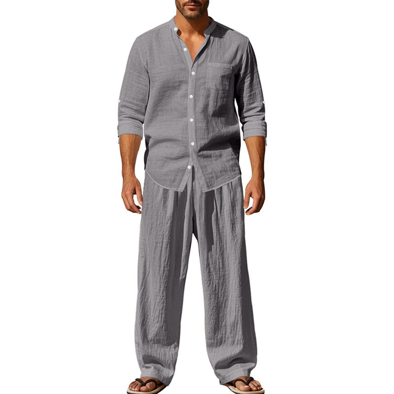 Mason | Breathable Linen Band-Collar Shirt - Valereo
