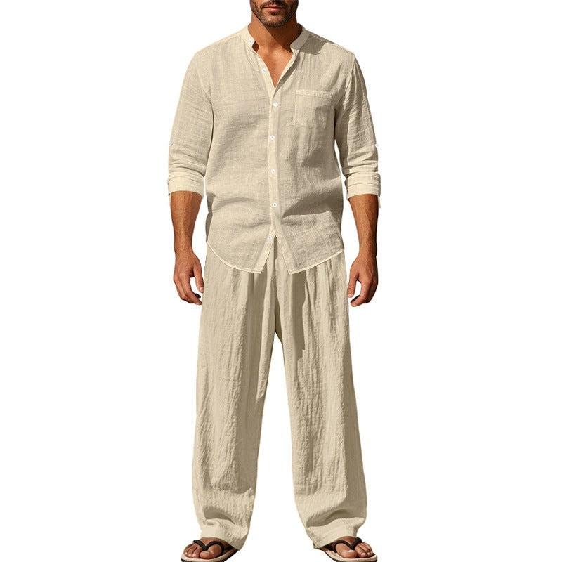 Mason | Breathable Linen Band-Collar Shirt - Valereo