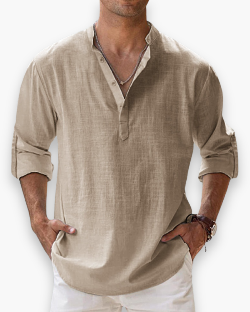 Nathan | Relaxed Linen Band Collar Shirt - Valereo