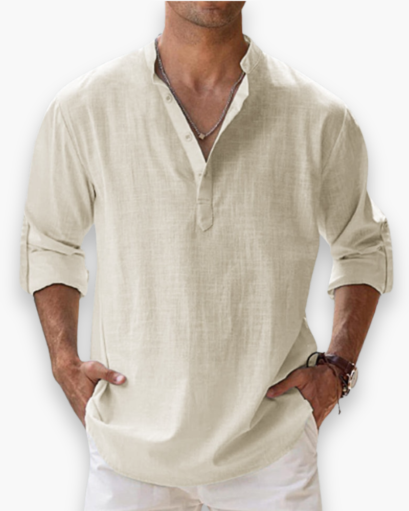Nathan | Relaxed Linen Band Collar Shirt - Valereo