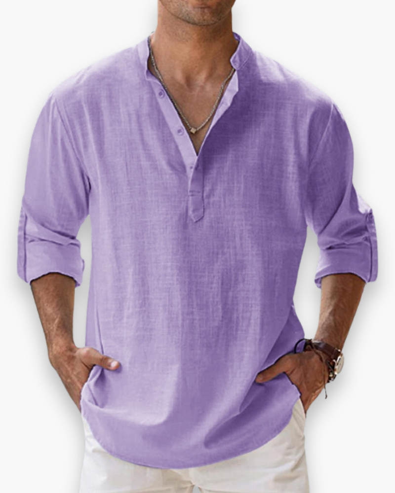 Nathan | Relaxed Linen Band Collar Shirt - Valereo