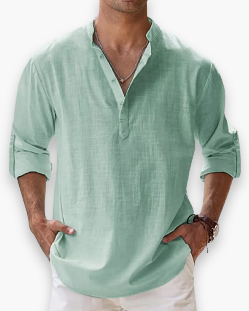 Nathan | Relaxed Linen Band Collar Shirt - Valereo